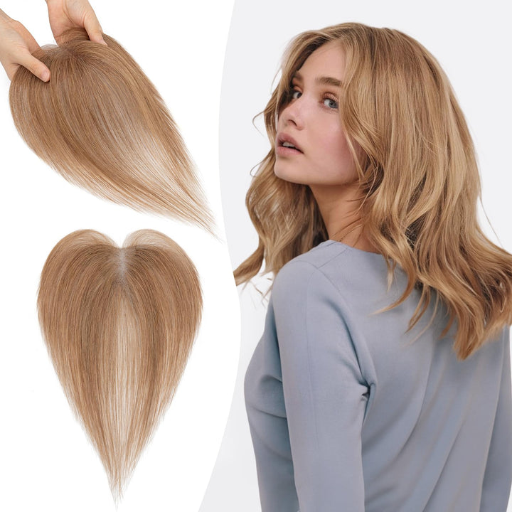 S-noilite Echthaar Toupets für Frauen Hellbraun - 9x12cm T-Sharp Haar Toppers Clip in Haarteile Echt