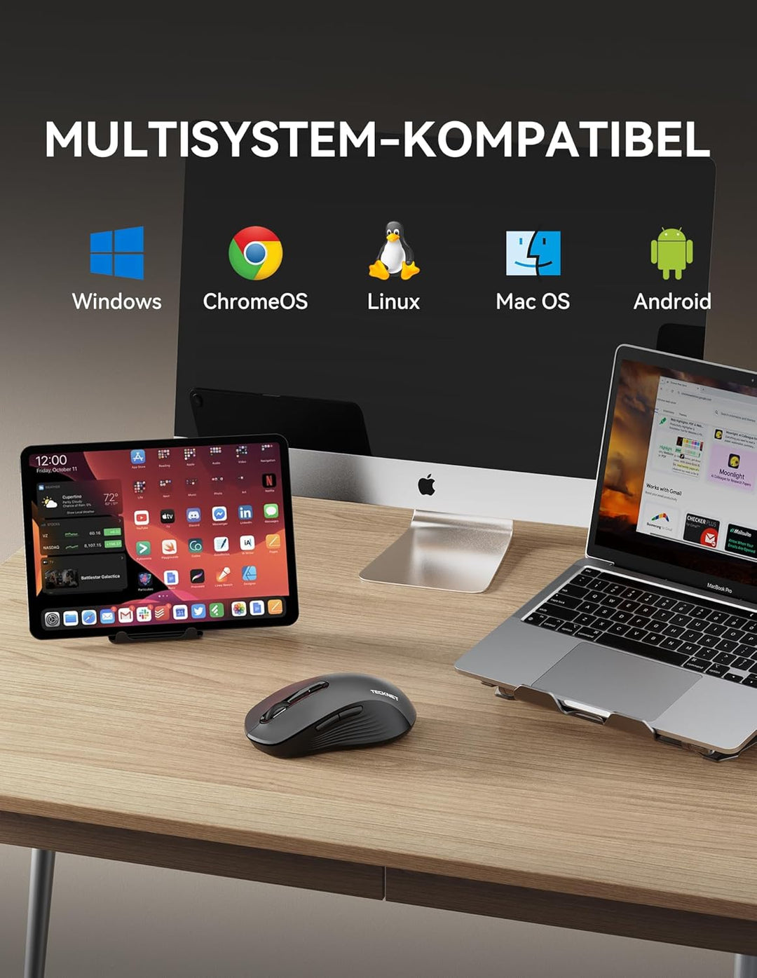TECKNET Maus Kabellos, Bluetooth Maus (Tri-Modus: BT 5.0/3.0+2.4G) Funkmaus mit USB-A Empfänger, 480