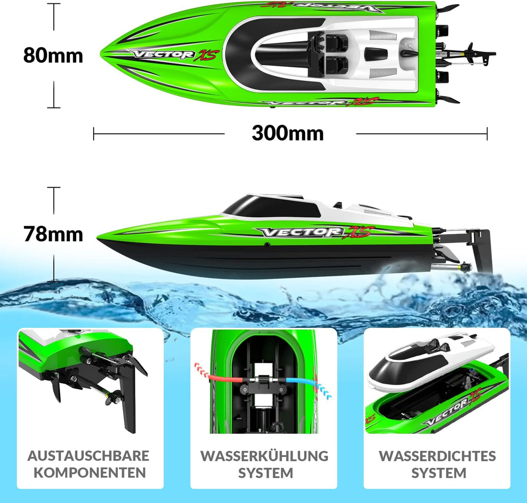 Ferngesteuertes Boot Vector XS, RC Boot RC Boat 20 KM/H, 2,4-GHz Rennboote, 2 wiederaufladbare Batte