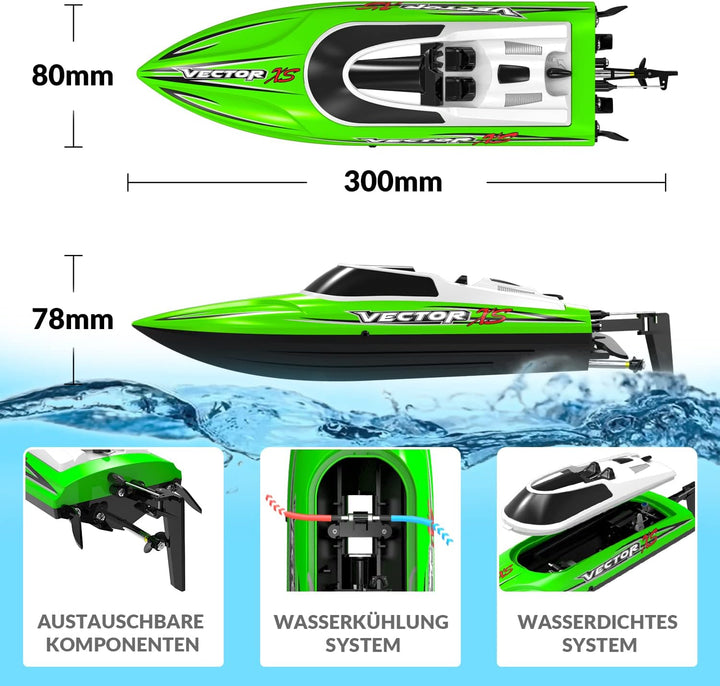 Ferngesteuertes Boot Vector XS, RC Boot RC Boat 20 KM/H, 2,4-GHz Rennboote, 2 wiederaufladbare Batte