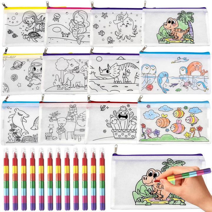 Liangding Kinder Stofftaschen zum Bemalen Set – 12 Taschen mit Reissverschluss & 12 stapelbare Wachs