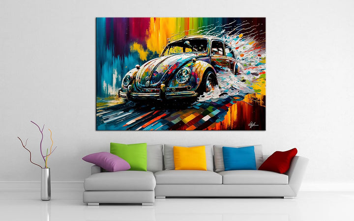PRINTONIA Bild auf Leinwand 120x80 cm Volkswagen VW Käfer Oldtimer Abstrakt Grafik Art Automobil Bil