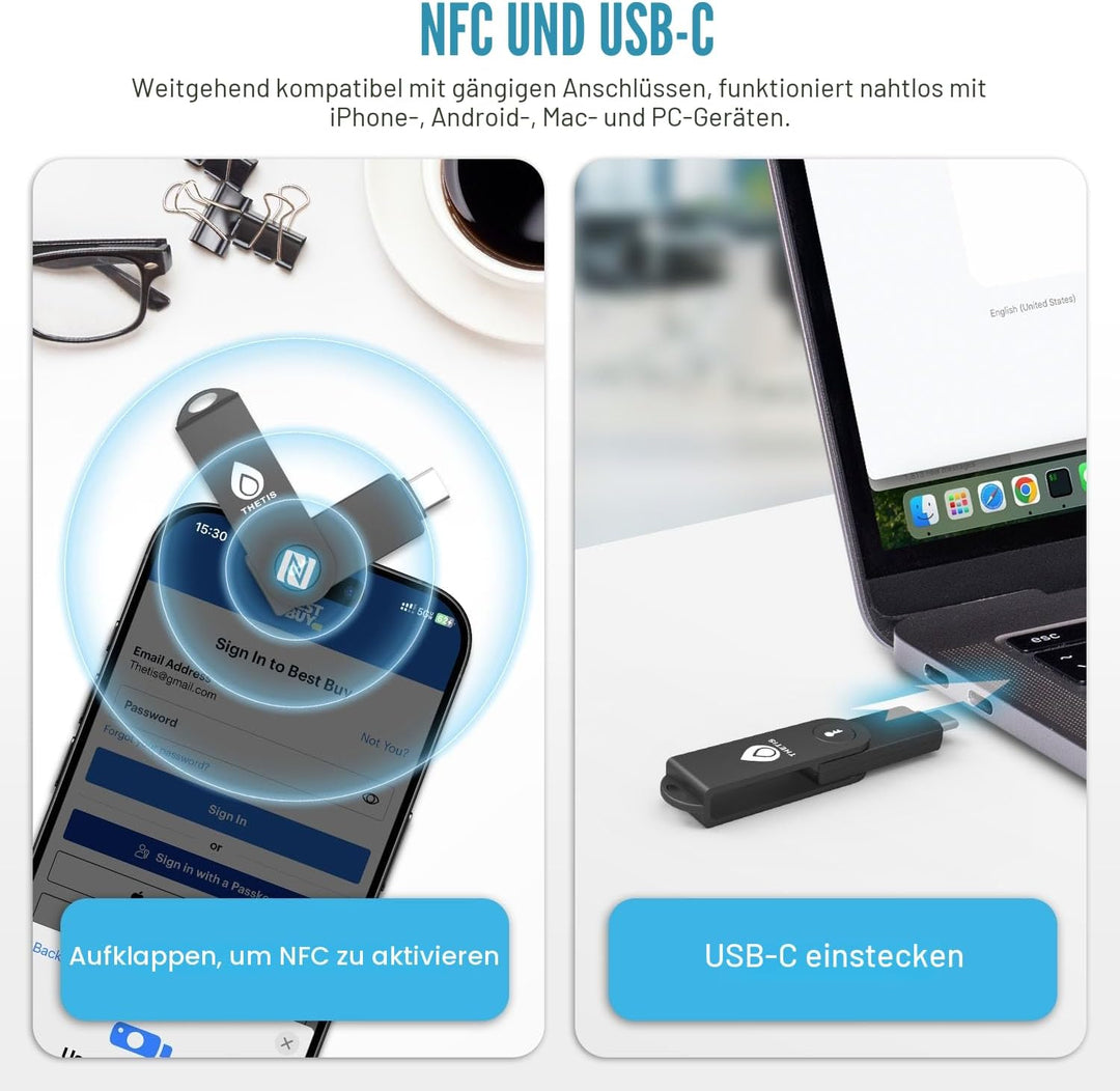 Thetis Pro-C FIDO2-Sicherheitsschlüssel-Passkey-Gerät mit USB C und NFC, TOTP/HOTP-Authentifizierung