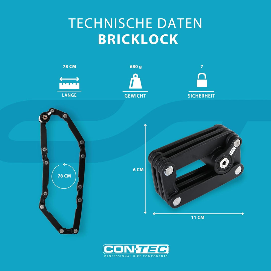 CONTEC Fahrrad-Faltschloss Brick Lock, Schwarz, Stahl, Hohe Sicherheit, 780mm, Mit 2 Schlüsseln, Fal