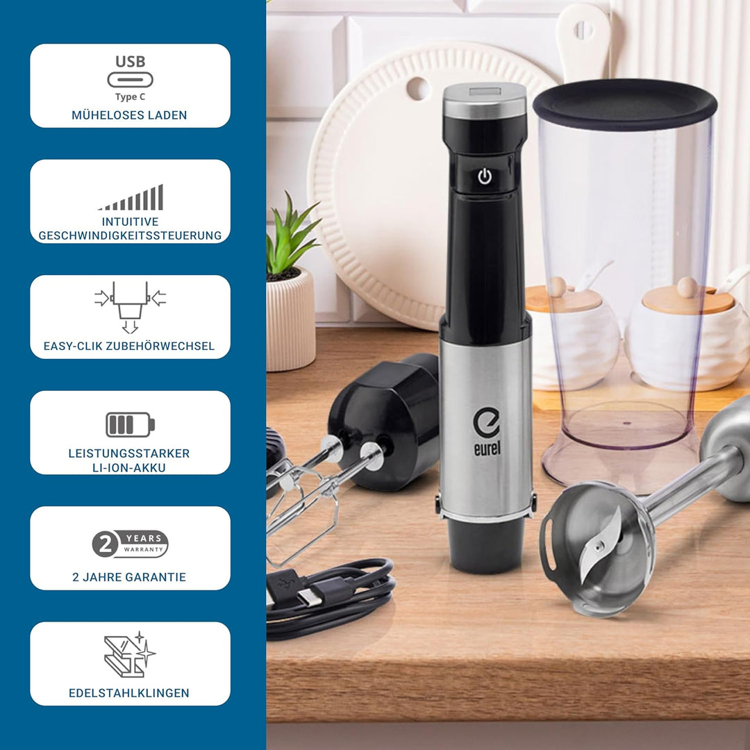 EUREL PREMIUMLine MP94 Stabmixer Set – Kabelloser Pürierstab mit 200W DC-Motor, 10 Geschwindigkeiten