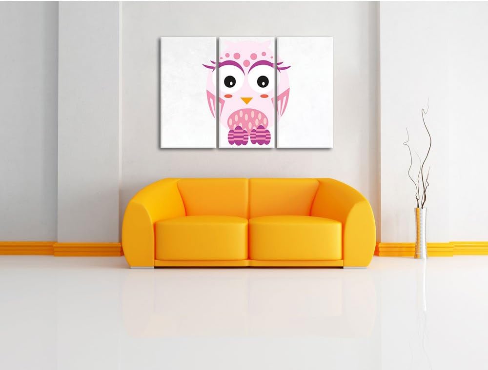 Pixxprint Hübsche rosa Eule weiss 3-Teiler Leinwandbild 120x80 Bild auf Leinwand