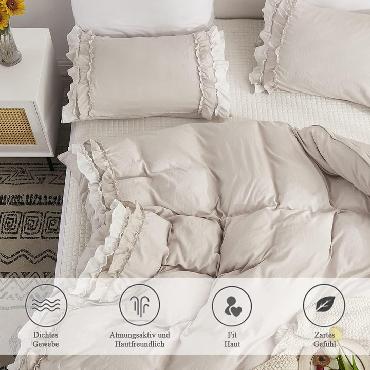 Sedefen Bettwäsche 200 x 200 cm Beige mit Weiss Rüschen Angenehme Mikrofaser Mädchen Bettwäsche-Sets