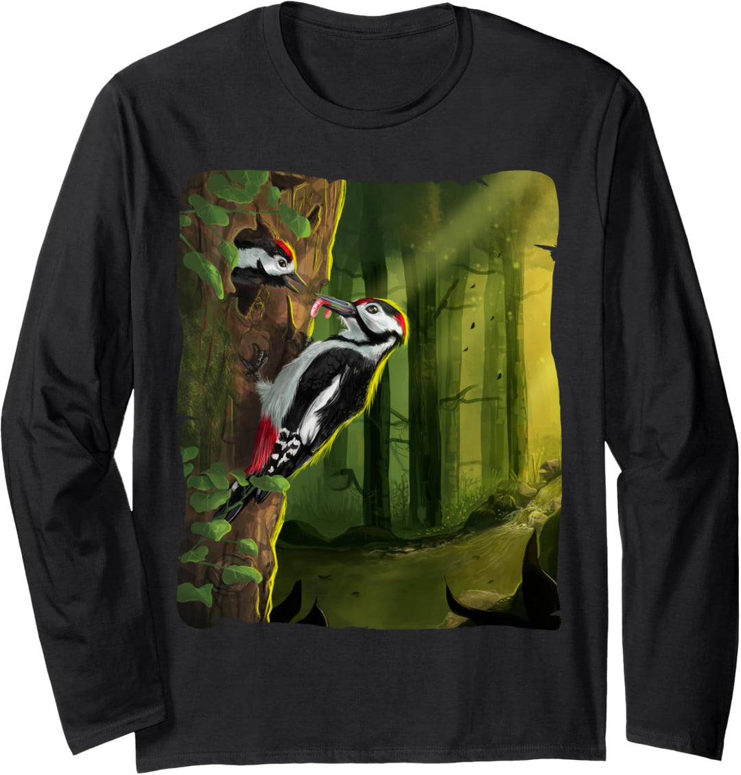 Buntspecht füttert Nachwuchs, Specht Vogel Illustration Langarmshirt