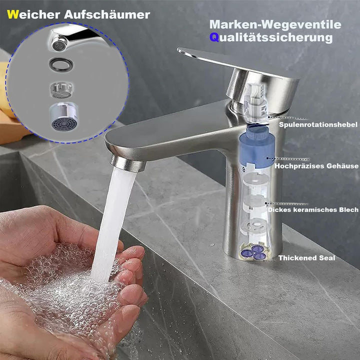 Edelstahl-Badarmatur warm und kalt mit leiser Keramikkartusche, Einhebelmischer, wassersparender Mis