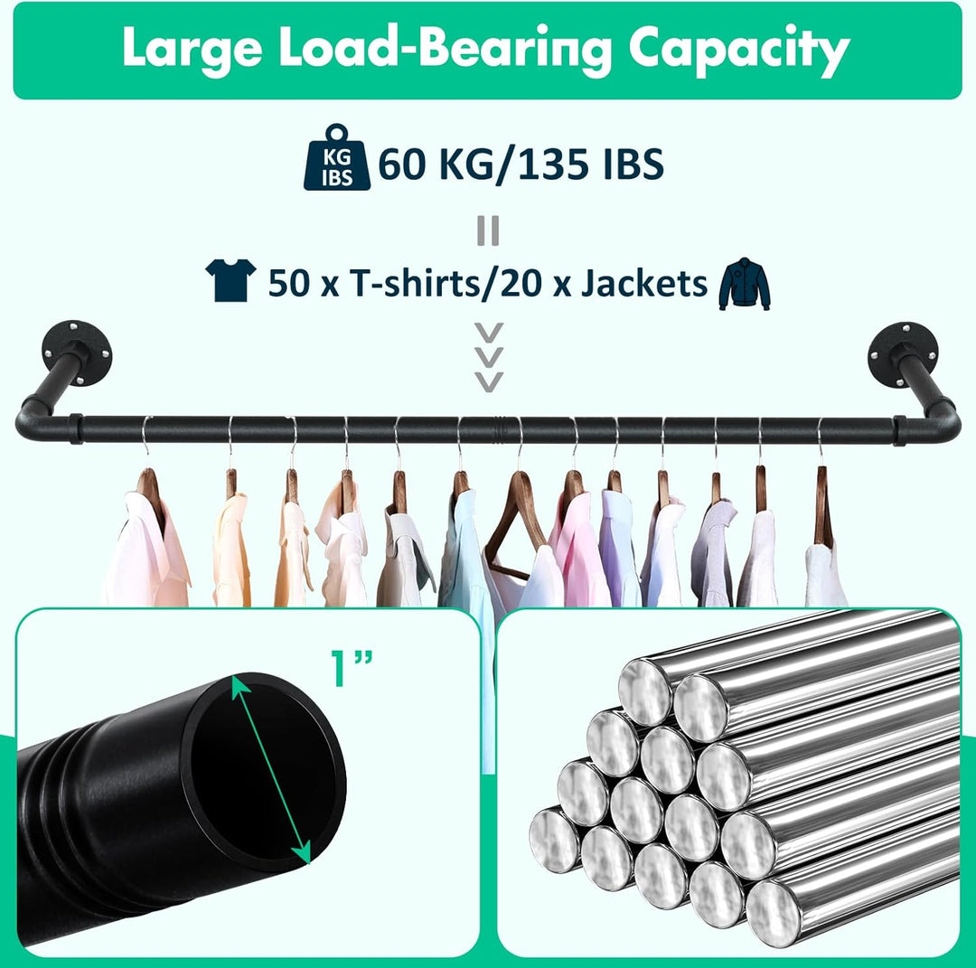 Kleiderstange für die Wand, 119cm Industrierohr Kleiderstangen,Kleiderständer Wandmontage, Industria