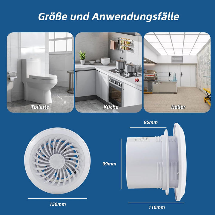 Badlüfter 100mm, 130m³/h Abluftventilator mit Fernbedienung, Rohrventilator, 3 Geschwindigkeiten Lüf