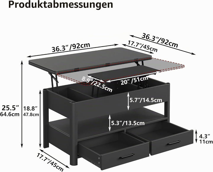 Furnihold Höhenverstellbarer Couchtisch mit Schubladen und Geheimfach, Konvertierbarer Wohnzimmertis