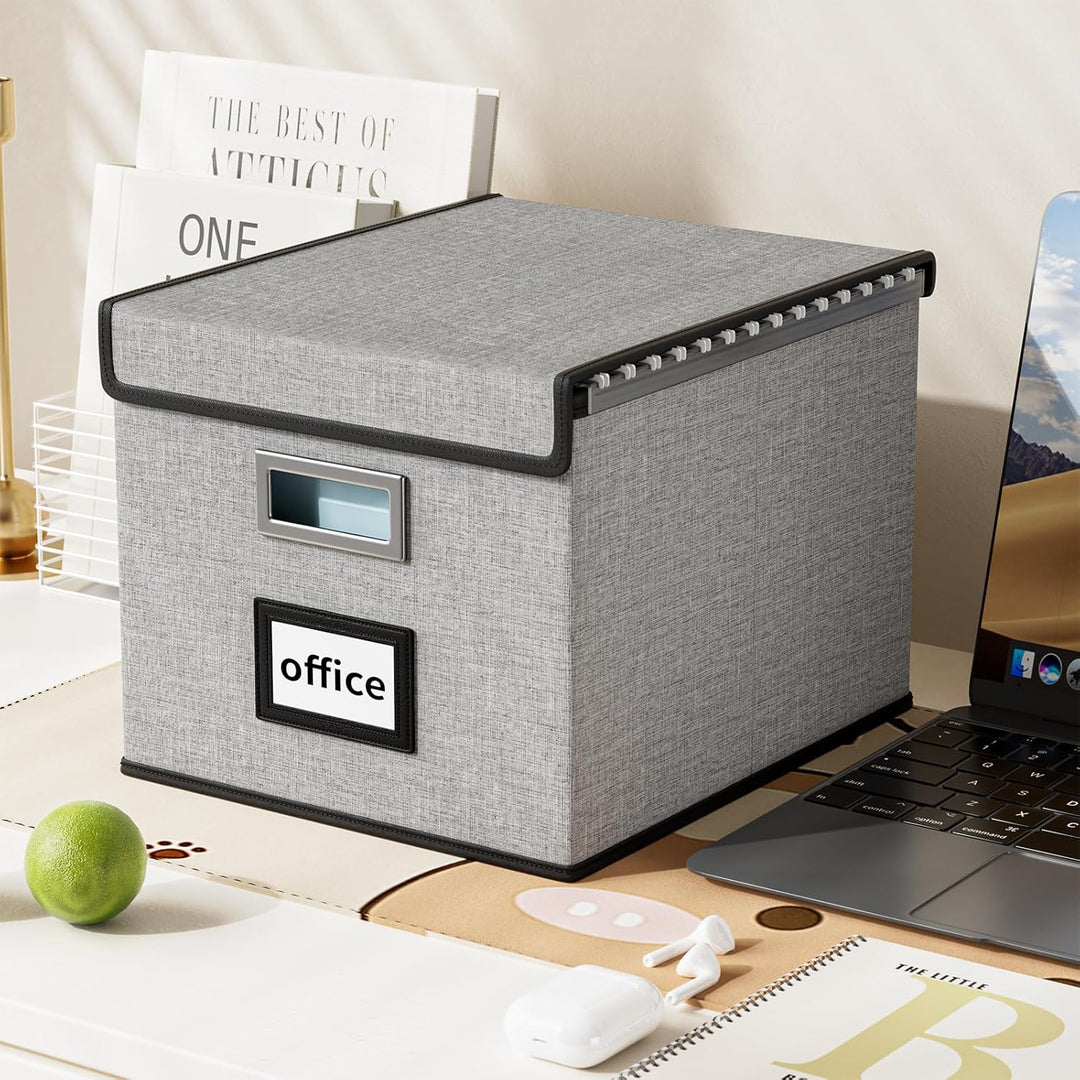 FINEW Faltbare Aufbewahrungsbox mit Deckel, Stilvolle Aufbewahrungsbox in Leinenoptik, 38.5 × 33 × 3