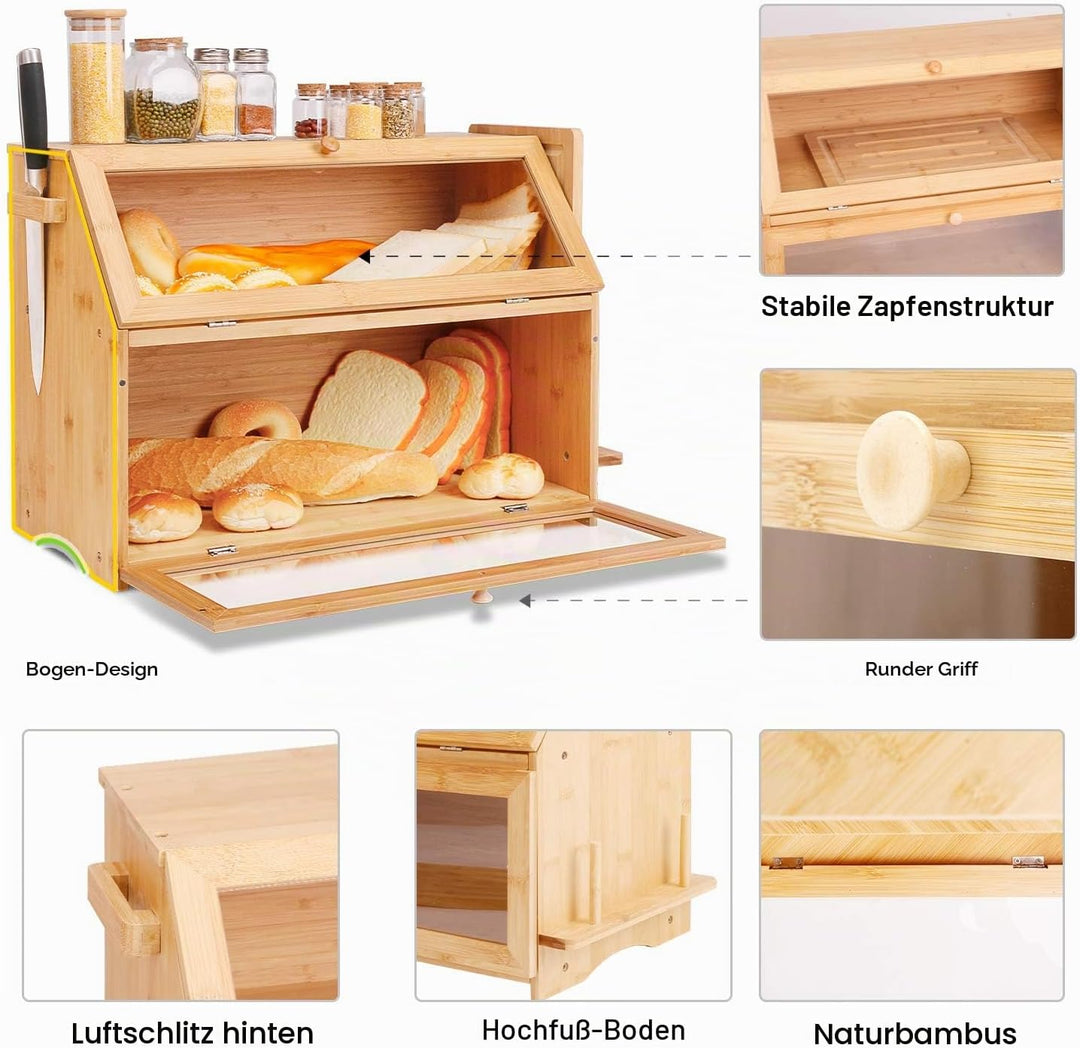 Leader Accessories Bambus Brotkasten 2 Etagen Brotbehälter mit Brotschneidebrett lebensmittelecht Br