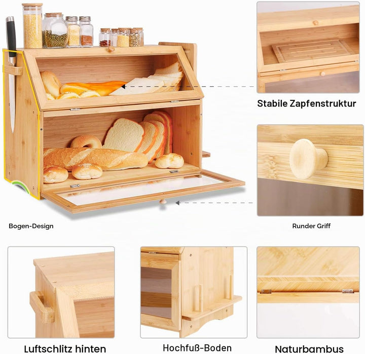 Leader Accessories Bambus Brotkasten 2 Etagen Brotbehälter mit Brotschneidebrett lebensmittelecht Br