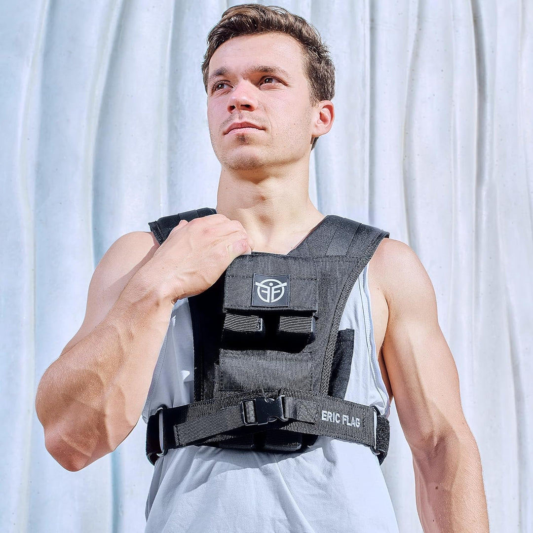 Eric Flag - Gewichtsweste 20kg oder 10kg, Herausnehmbare Metall-Gewichte, Verstellbare Trainingswest