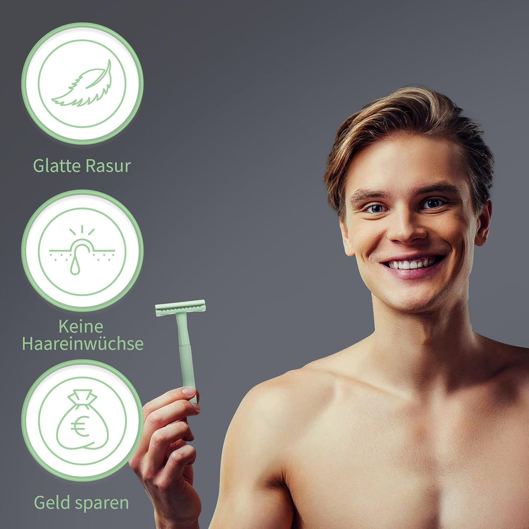 Bambaw Metall Rasierer Plastikfrei Mint-grün | Metall Rasierer Nachhaltig mit 5 Rasierklingen Rasier