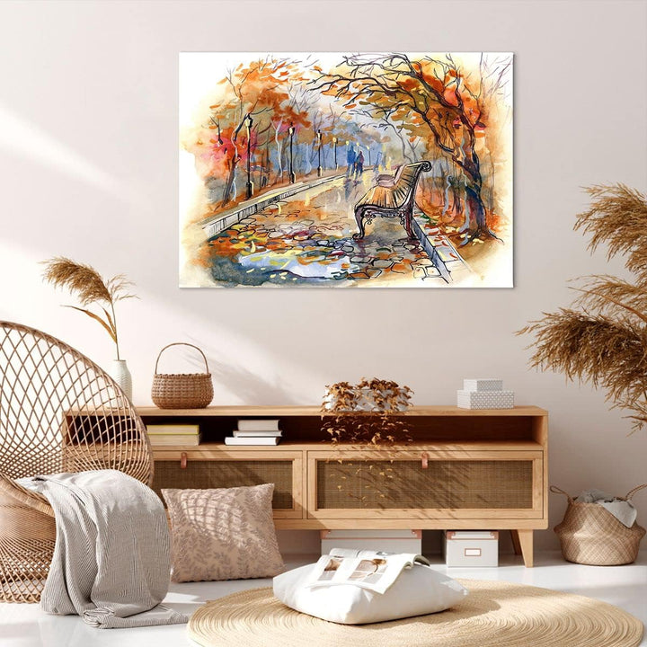ARTTOR Bilder auf Leinwand 100x70cm Leinwandbild Path Bench Herbst Frau Gross Wanddeko Bild Schlafzi