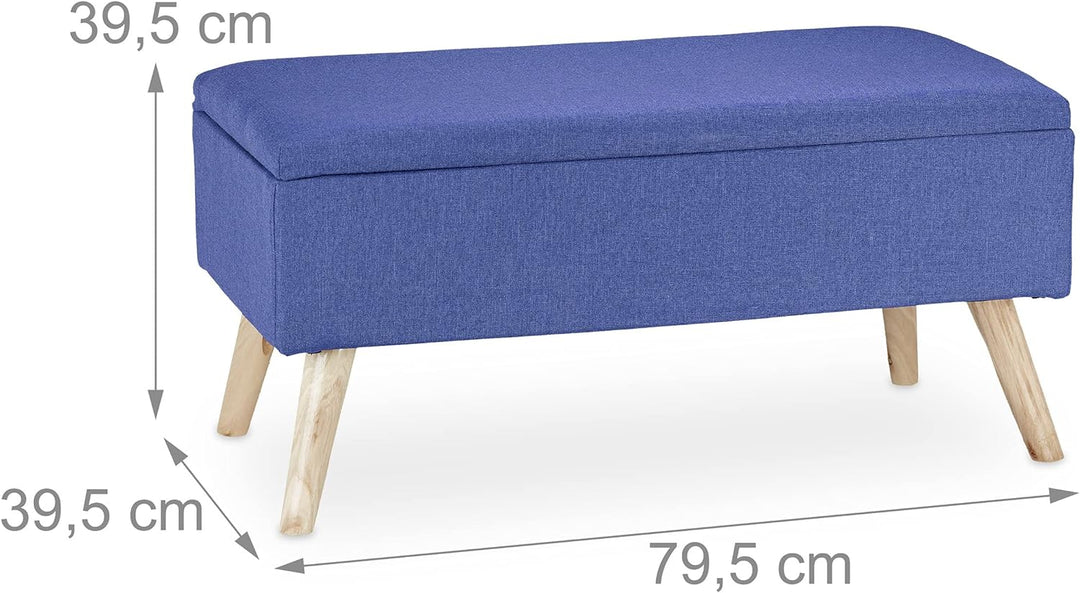 Relaxdays, blau Sitzbank mit Stauraum, gepolstert, Holzbeine, Truhenbank Stoffbezug, HxBxT: 39,5 x 7