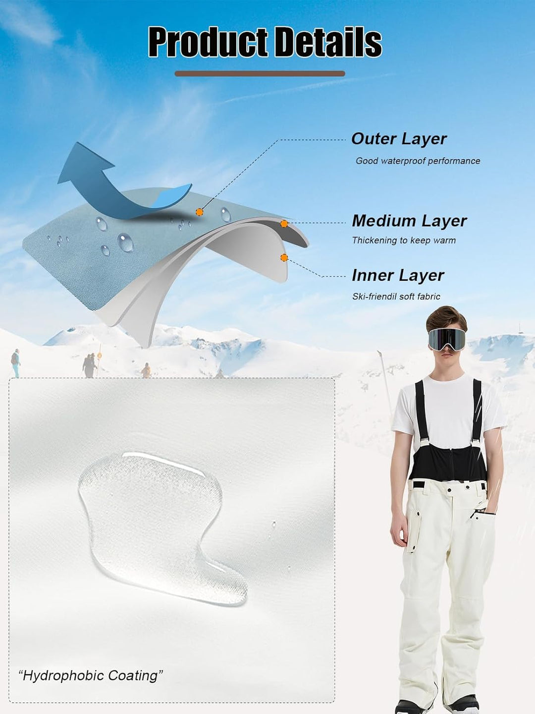 HOUZONIY Herren Skihose Wasserdicht Schneehose Softshellhose Winter Warm Gefüttert Snowboardhose Ove