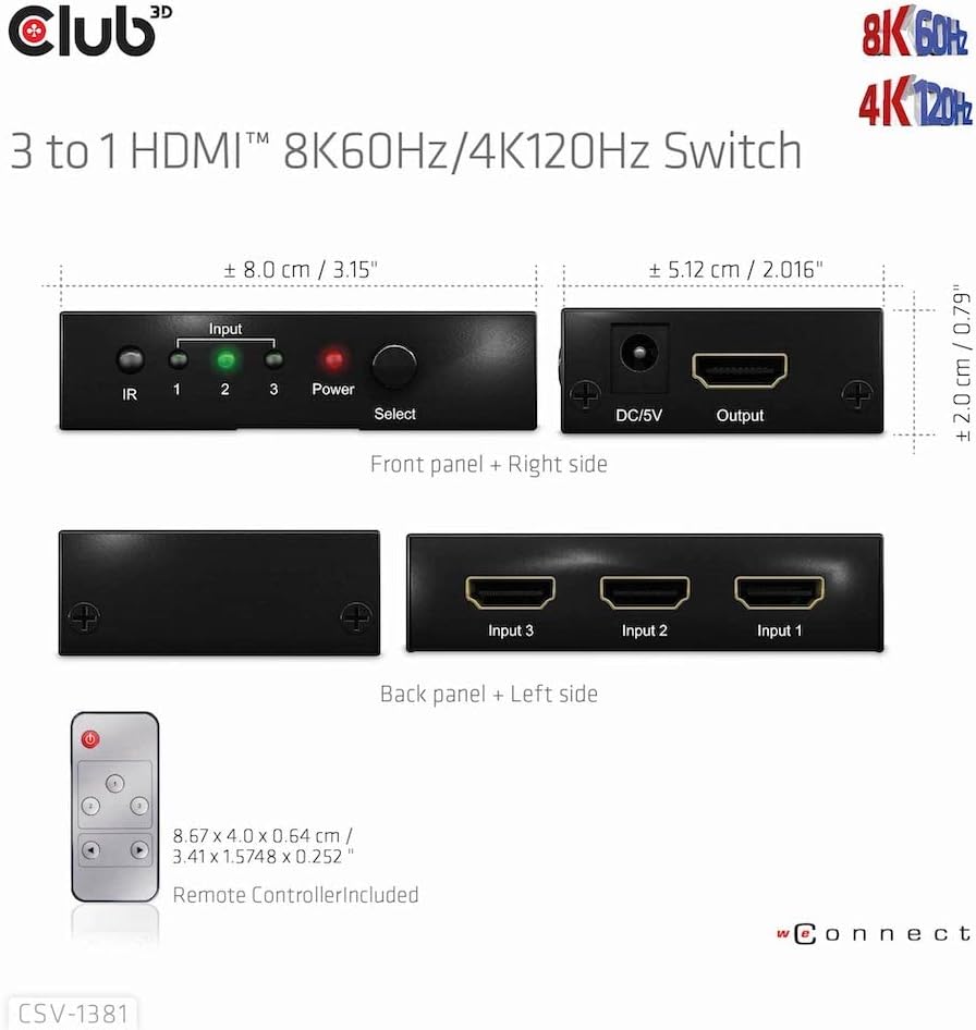Club3D CSV-1381 HDMI™ 3 auf 1 Umschalter 8K60Hz/4K120Hz Umschalter, CSV-1381