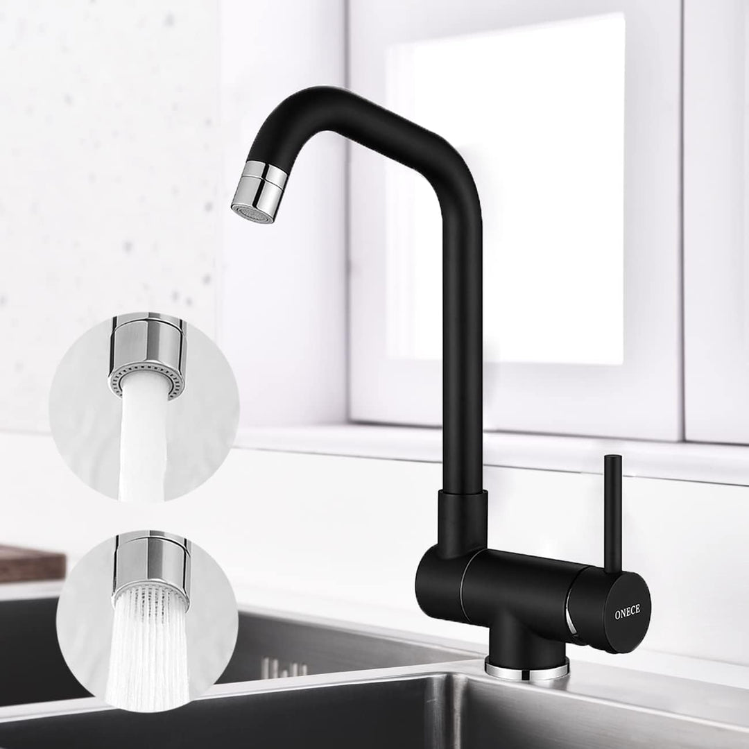 ONECE Vorfenstermontage Küchenarmatur Schwarz, Wasserhahn Küche Klappbar mit 2 Strahlarten, Armatur