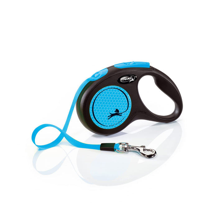 flexi® Neon S Gurt 5 m schwarz, neon-Blauer Gurt, reflektierende Seitenfläche, Roll-Leine für Hunde