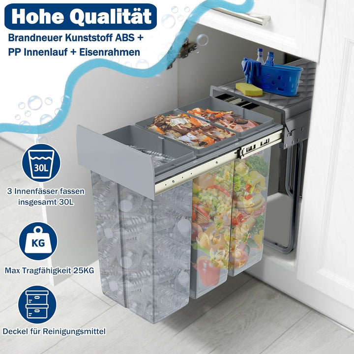UISEBRT 3x10L Mülleimer Küche Unterschrank,Ausziehbar Mülltrennsystem mit Rutsche Kunststsoff,Einbau