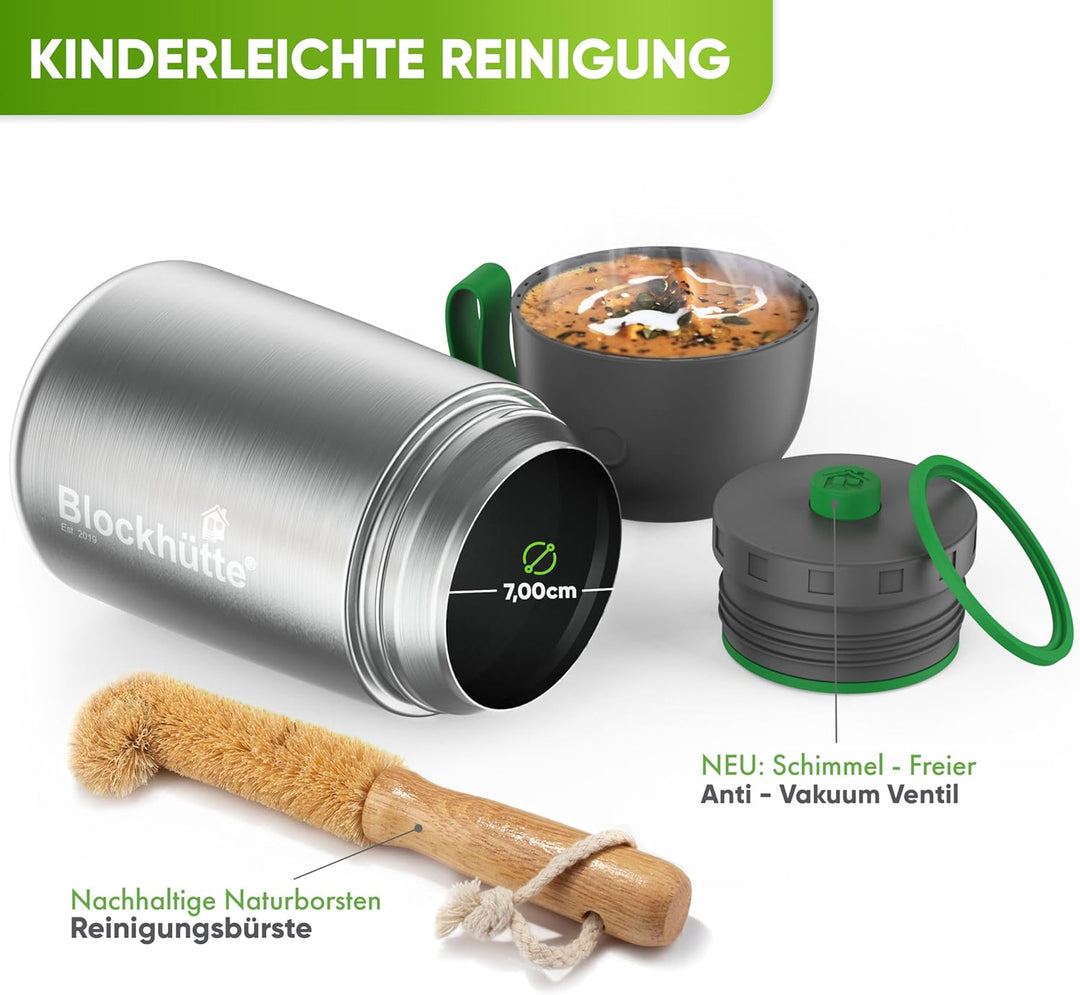 Blockhütte Edelstahl Thermobehälter für Essen I 1L I mit Spork, Bürste, Thermo Lunchbox für Kinder,