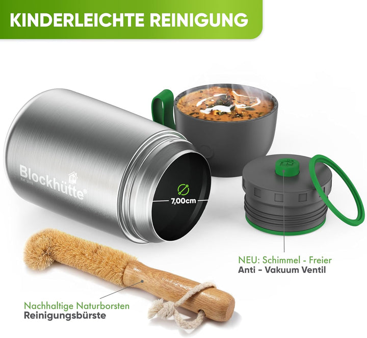 Blockhütte Edelstahl Thermobehälter für Essen I 1L I mit Spork, Bürste, Thermo Lunchbox für Kinder,