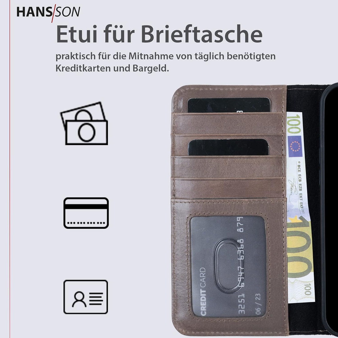 HANS/SON Klappbare Echtlederhülle Grau | iPhone 13 Pro Ledercase mit Kartenfächern | Lederhülle mit