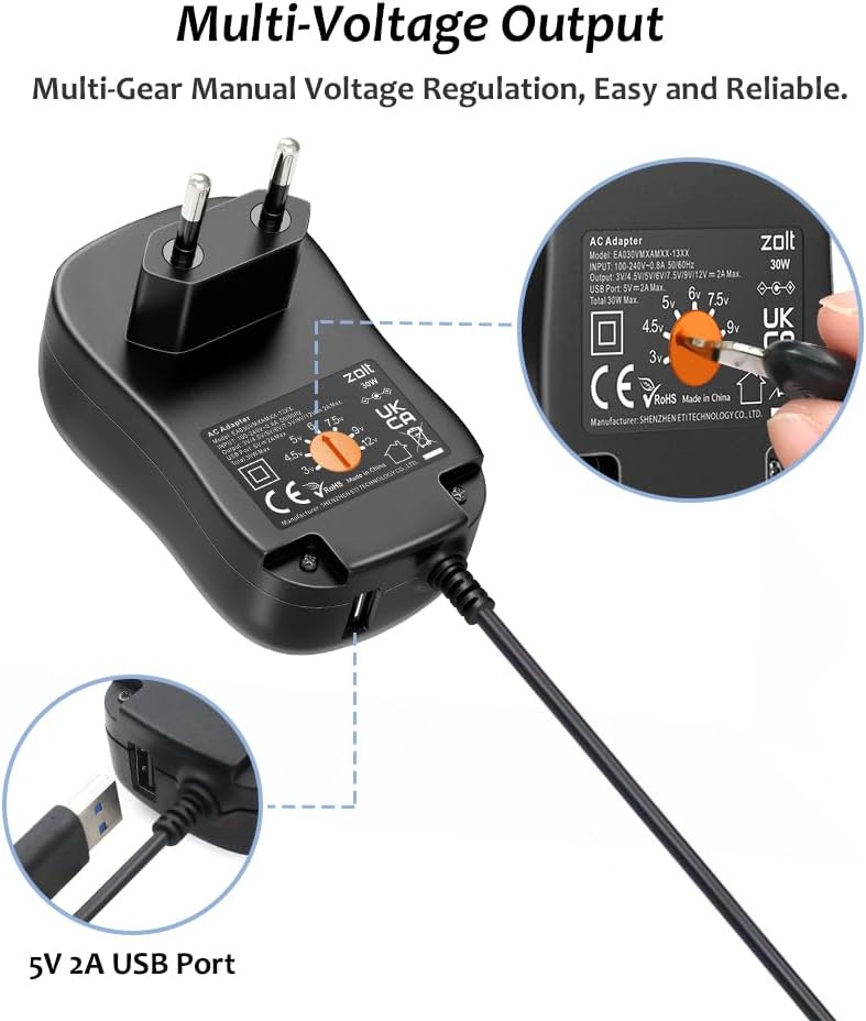Zolt Universal AC zu DC 3V 4.5V 5V 6V 7.5V 9V 12V 2A Netzteil mit 5V 2A USB Port und 10 DC Steckern