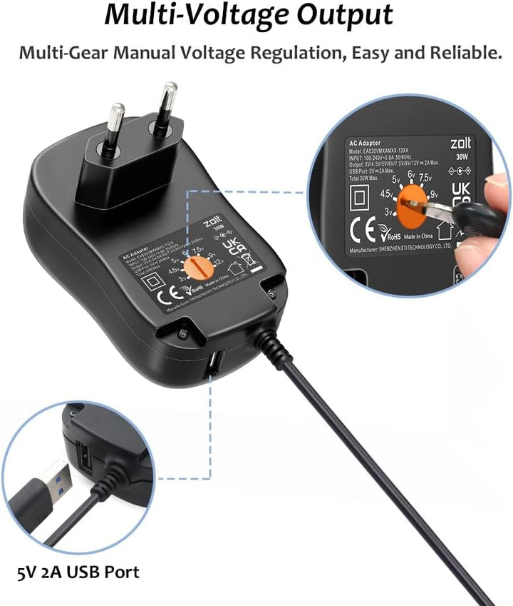 Zolt Universal AC zu DC 3V 4.5V 5V 6V 7.5V 9V 12V 2A Netzteil mit 5V 2A USB Port und 10 DC Steckern