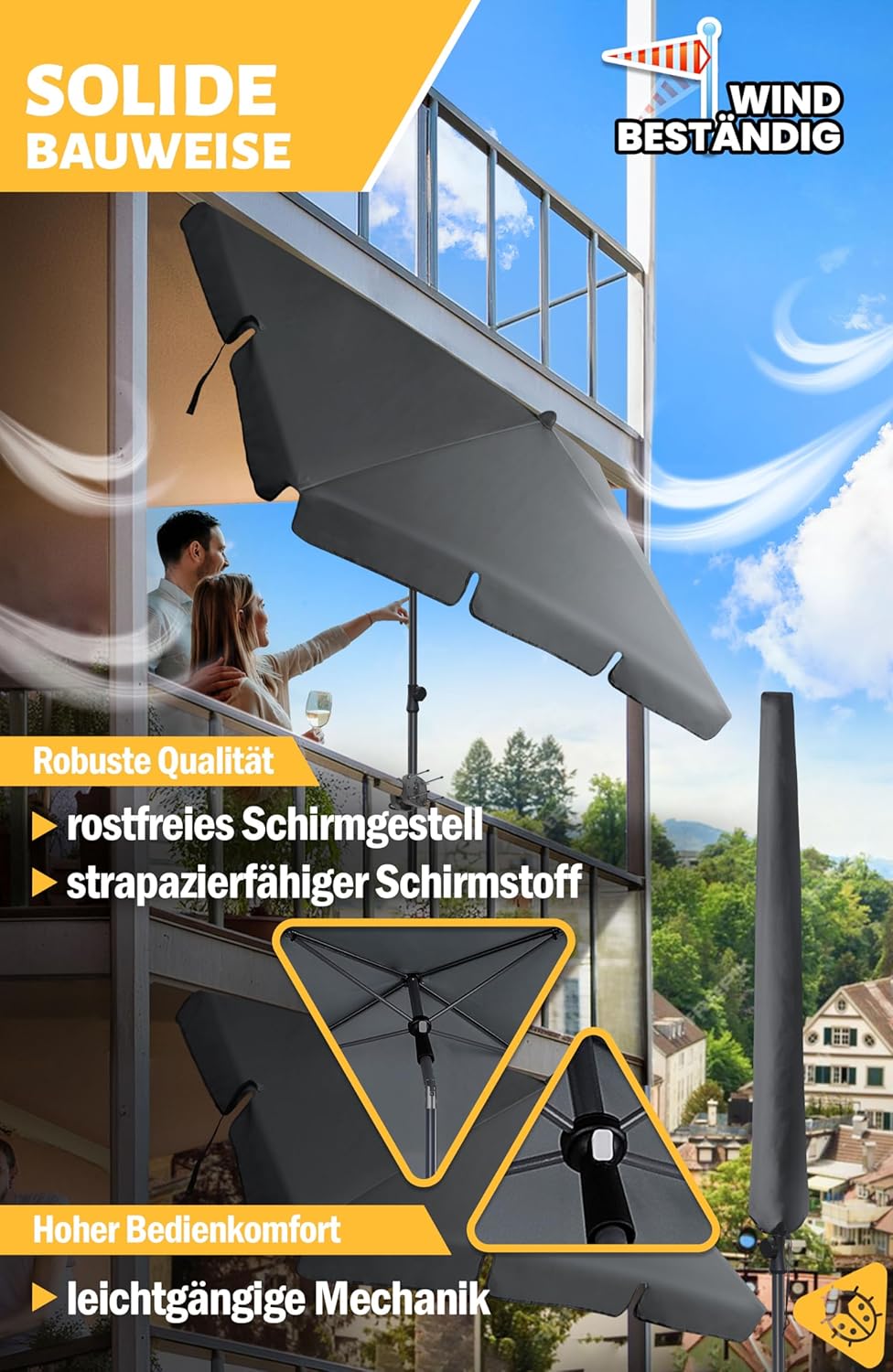 Menz Sonnenschirm, inkl. Sonnenschirmhülle - UPF 50+ Sonnenschirm rechteckig 200 x 125 cm, Sonnensch