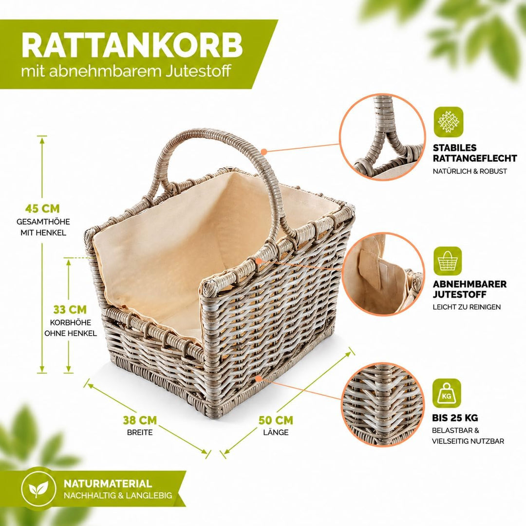 Kobolo Kaminholzkorb Holztrage Holzkorb für Kaminholz Rattan grau mit abnehmbarem, 50x38x33