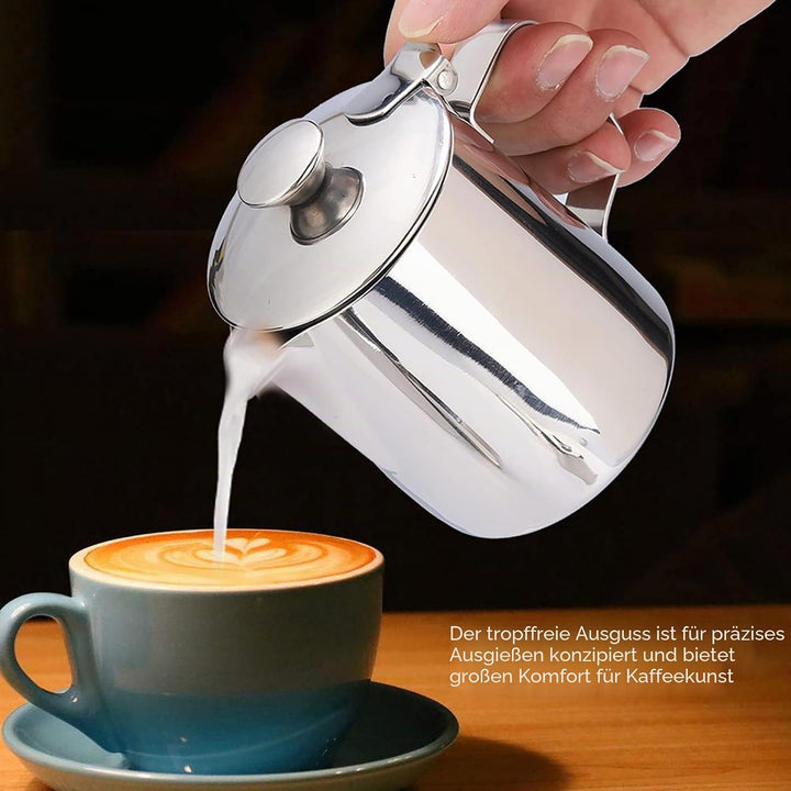 Ejoyous Milchkännchen Edelstahl, Milch Aufschäumer Kännchen mit Deckel, Handheld Milchkanne für Capp