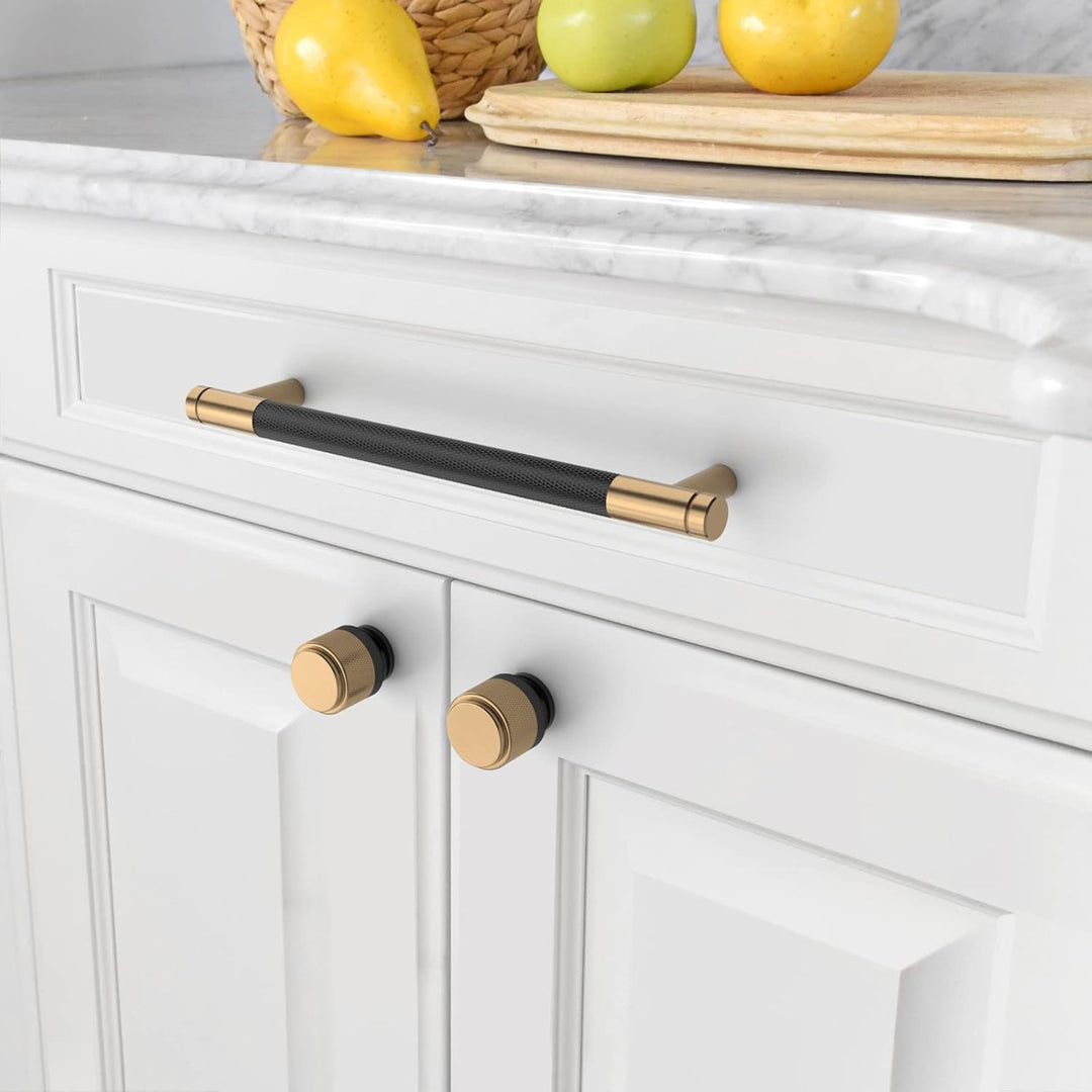 Amerdeco 10 Stück Gerändelte Schrankgriffe schwarzes Gold Griffe Möbel Möbelgriffe 160mm Lochabstand