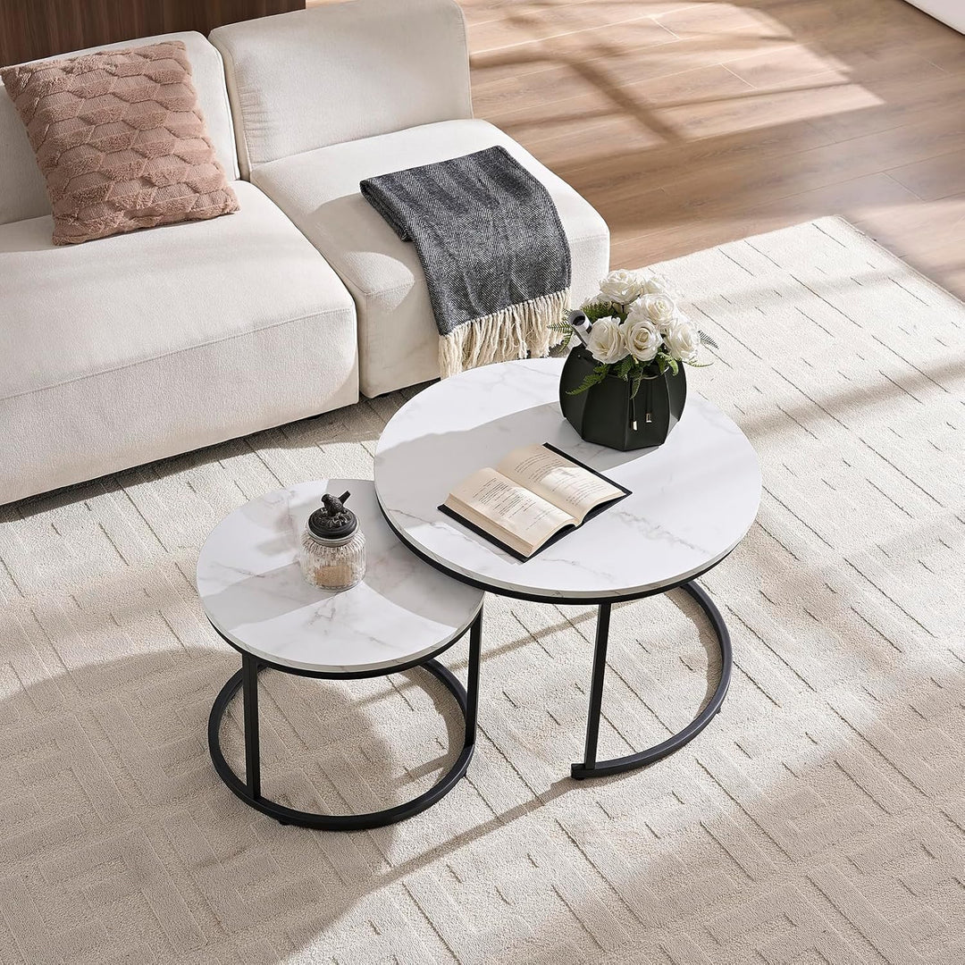 Home Heaven® Couchtisch rund Marmor 2er Set – Runder Couch Tisch in Weiss Marmor Optik mit Schwarze