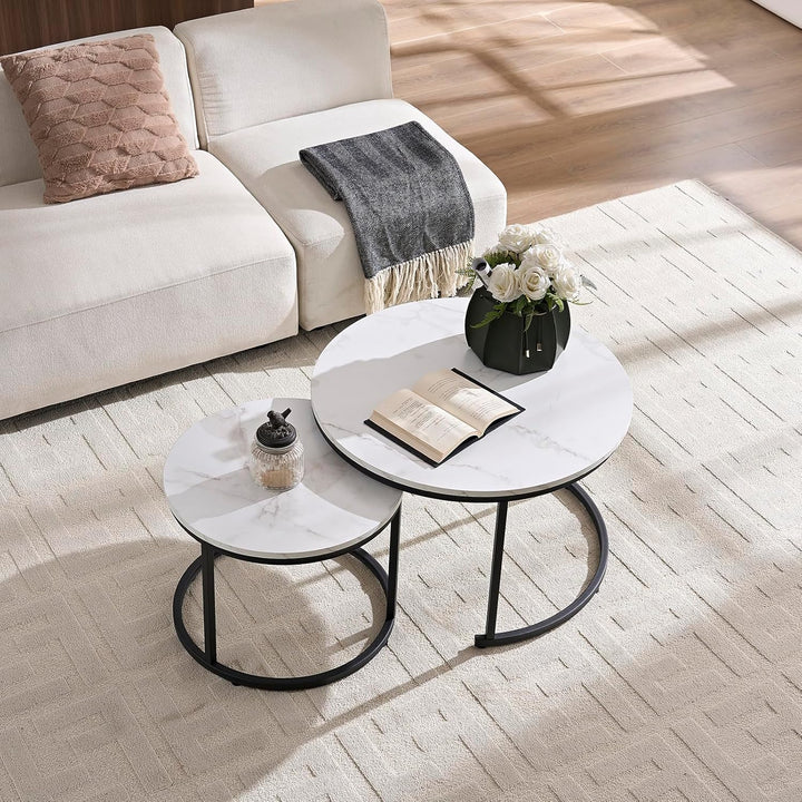Home Heaven® Couchtisch rund Marmor 2er Set – Runder Couch Tisch in Weiss Marmor Optik mit Schwarze
