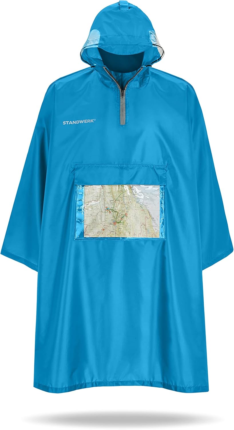 STANDWERK Regenponcho mit einzigartiger Navigationstasche und Sichtfenster fürs Wandern - Regencape