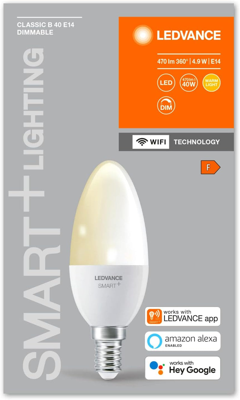 LEDVANCE Smarte LED-Lampe mit WiFi Technologie, Sockel E14, Dimmbar, Warmweiss (2700 K), ersetzt Glü