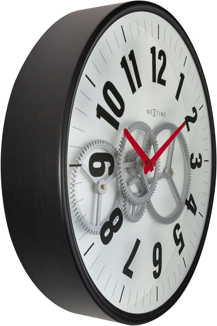 NeXtime Moderne Gear Uhr mit beweglichem Getriebe, Weiss, 36 cm, Metall/Glas