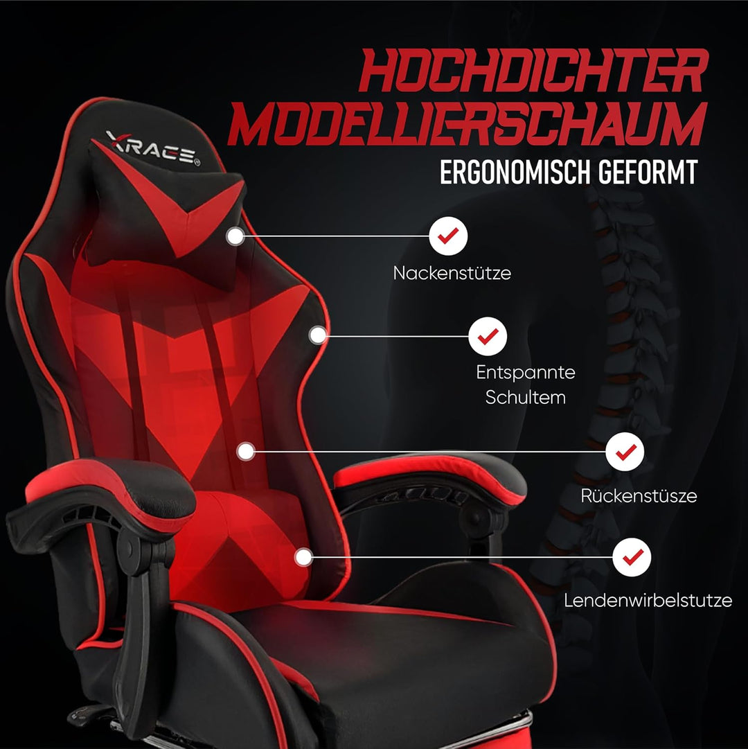 xRace Gaming Stuhl, Bürostuhl, Ergonomischer Pc Stuhl, Gaming Sessel aus Leder mit Lendenwirbelstütz