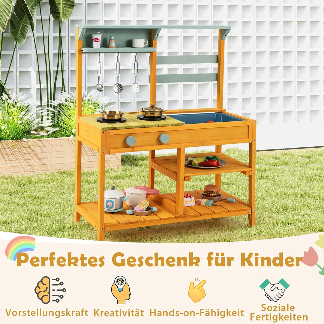 COSTWAY Matschküche Kinder Outdoor, Kinderküche Holz mit Spüle, Spielküche mit Haken & abnehmbarem R
