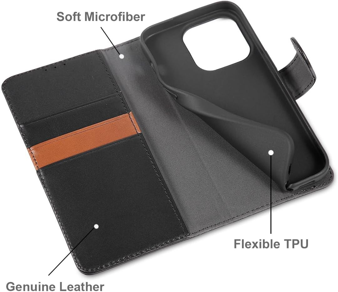 LENSUN Echtleder Hülle für iPhone 15 Pro, Handyhülle [Echtes Leder][Magnetverschluss][RFID Schutz] H