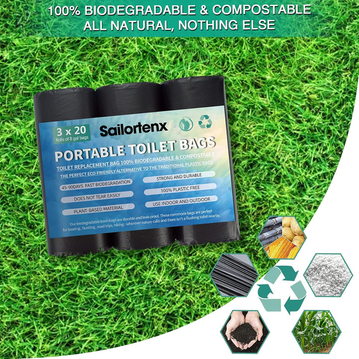 Sailortenx 60 tragbare Toilettenbeutel, 100% kompostierbar, 2,5 l, Camping-Toilettenbeutel, Verwendu