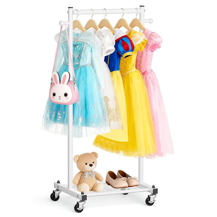 MISSLO Kinder Kleiderständer auf Rollen, 114cm Stabil Klein Kleiderstange mit Ablage, Metall Schmal