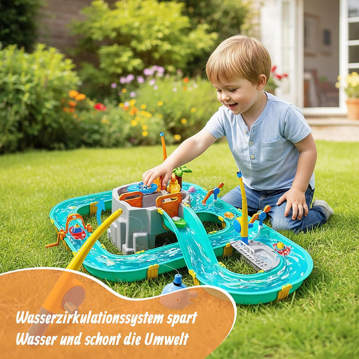 Relaxdays Wasserbahn Kinder, HBT: 71x71x101 cm, Outdoor, Wasserspielbahn, Boote &amp; Angel, Wasserstras