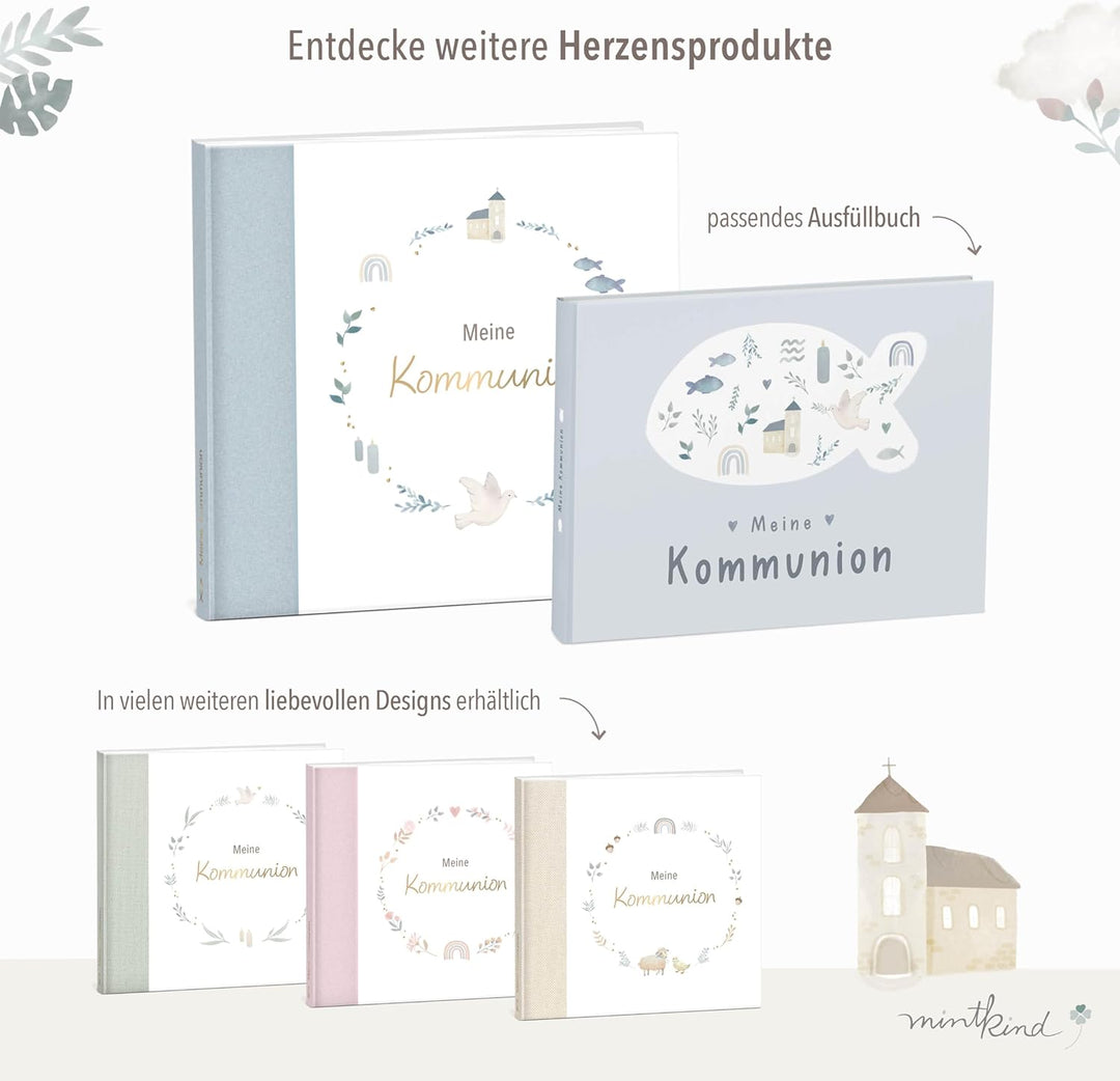 mintkind® Gästebuch Kommunion Blau - Erinnerungsbuch zur Kommunion, 72 Seiten zum Gestalten, edler L