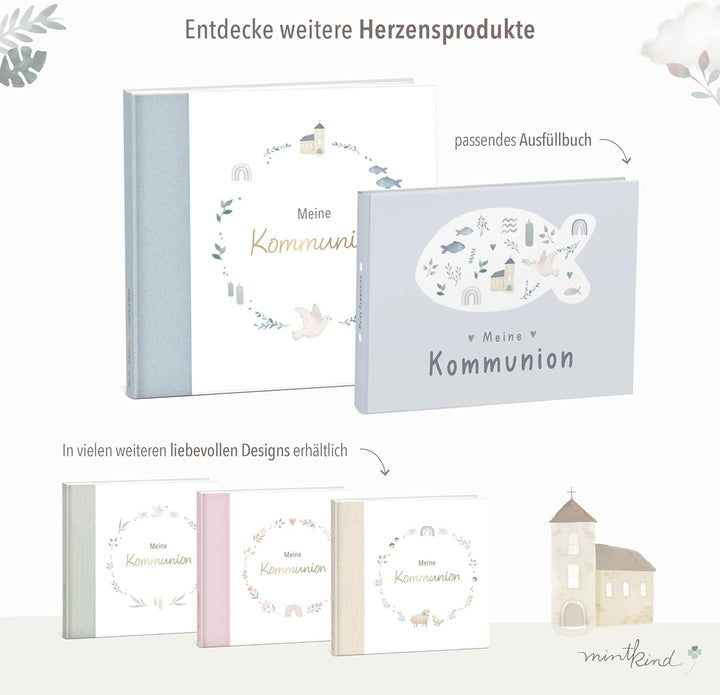 mintkind® Gästebuch Kommunion Blau - Erinnerungsbuch zur Kommunion, 72 Seiten zum Gestalten, edler L